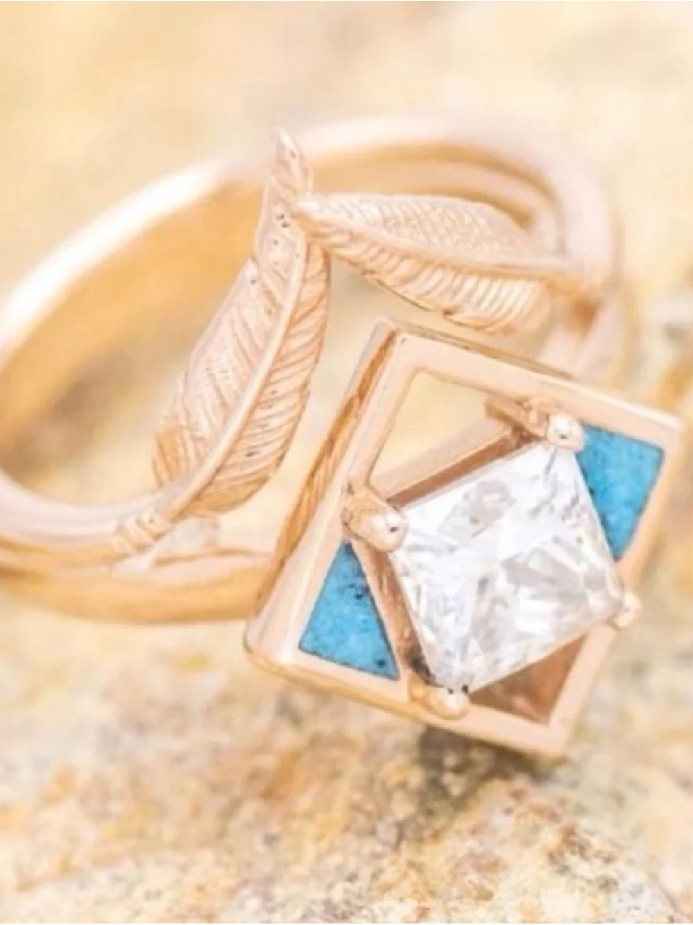 Gold Tone Turquoise Accent Square CZ Ring - Women Jewelry - Picture 3 of 9